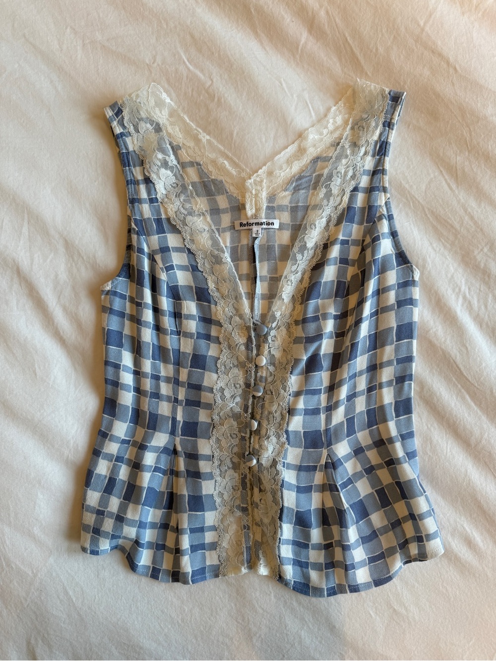 Reformation Cristina Lace-Trim Gingham Tank - Blue & White - Picture 4 of 6